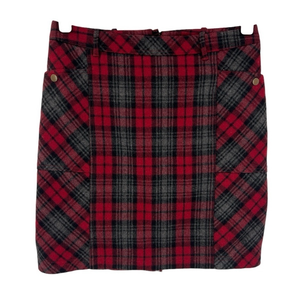 Eddie Bauer Red Black Tartan Plaid Wool Skirt Kick Pleat Zip Up Pockets Sz 8T